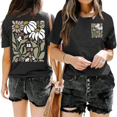 Imagem de Camisetas femininas de flores silvestres com estampa floral para verão casual com flores, Cinza escuro, P