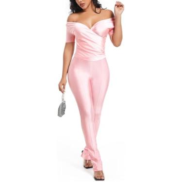 Imagem de Sriswel Conjunto feminino sexy de 2 peças com ombros de fora, gola V, blusa cropped com bainha com fenda e calça flare brilhante, conjunto de roupa de boate, rosa, XX-Large