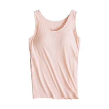 Imagem de Camiseta feminina de algodão, sutiã embutido, sem mangas, confortável, elástica, ioga, academia, treino, alças ajustáveis, Bege, 3G