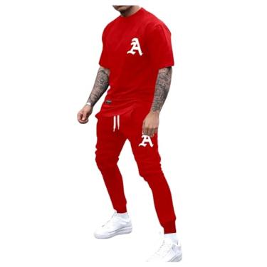 Imagem de SOLY HUX Conjunto de moletom masculino de 2 peças, casual, manga curta, conjunto de camiseta e calça com bolsos, Letra vermelha, X-Large