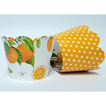 Imagem de Embalagens de cupcake com tema laranja para suprimentos de festa fofa, festas de aniversário fofas, doces. Conjunto de 24 envoltórios reversíveis de aquarela de frutas laranja a bolinhas