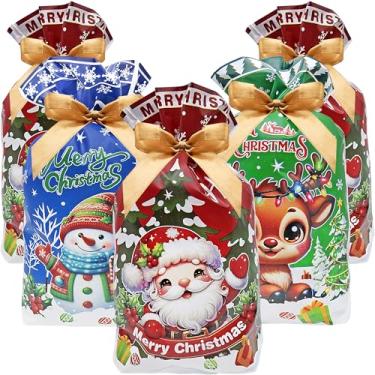 Imagem de Jexila 50 unidades de sacos de doces de Natal, sacos de presente com cordão de Natal, 15 x 23 cm, para lembrancinhas de Natal, biscoitos, lanches, festas, sacolas de embalagem