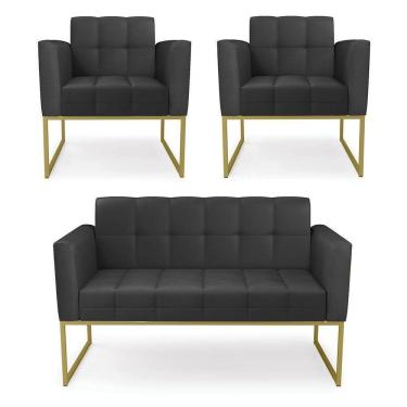 Imagem de Kit 1 Sofá Namoradeira E 2 Poltronas Elisa Corino Preto Base Metálica Industrial Dourado - D`rossi