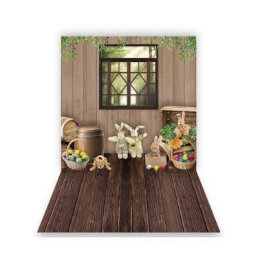Imagem de Fundo Fotográfico 1,50 X 2,70 - Páscoa Casinha com Coelhos de Pelúcia 