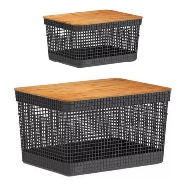 Imagem de Kit 2 Cesto Organizador Grid C Tampa De Bambu 8l E 20 Litros - OU, Pre