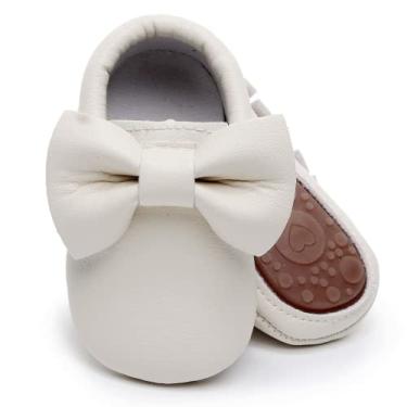 Imagem de HONGTEYA Mocassins para bebês com sola de borracha – estampa floral de couro sintético com borla e laço de balé para meninas, Branco, 0-6 Meses