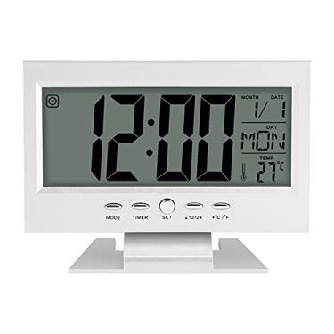 Imagem de Relógio Elétrico, Despertador Com Luz de Sensor de Som, Display LCD Com Calendário e Temperatura, Fácil Colocação Em Mesa ou Mesa, Formato 24 Horas, Suporte de Suporte, Prata