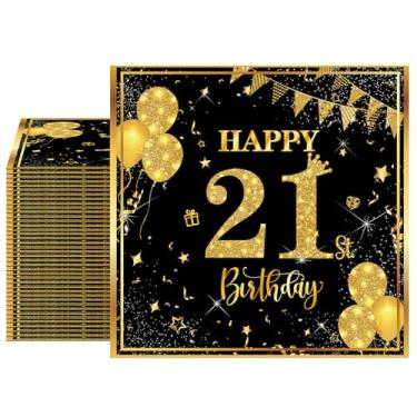 Imagem de 40 peças de decorações de aniversário de 21 anos para ele, preto e dourado, guardanapos de papel descartáveis de 21 anos, adequados para almoço, jantar, tema de ouro preto, decorações de festa