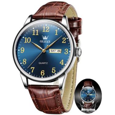 Imagem de Relógio OLEVS Masculino com Pulseira de Couro Marrom - Mostrador Azul
