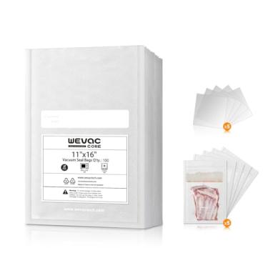 Imagem de Wevac Sacos seladores a vácuo pré-cortados de 28 x 40 cm, 100 unidades, inclui 5 sacos de bloco de líquidos e 5 peças de proteção óssea, resistente para armazenamento de alimentos, sous vide e