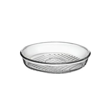 Imagem de Conjunto de assadeira de vidro totalmente temperado resistente a altas temperaturas, prato de peixe oval para arroz assado e tigela de carne - assadeira listrada redonda - 1,7 L