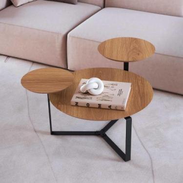 Imagem de Mesa de Centro Redonda Orgânica com 3 Tampos 83cm Pés em Aço - Artesan