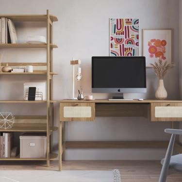 Imagem de Kit 2 Peças com Escrivaninha 2 Gavetas e Estante Palhinha Pé Madeira