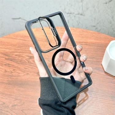 Imagem de HPQWN Para S24 Plus Fold Lens Case Transparente Magnético Wirelesss Charge Hard Cover (Para S24 Plus/Preto)