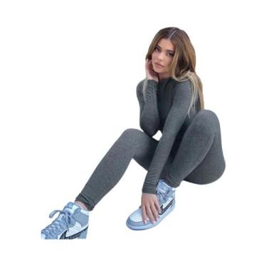 Imagem de Macacão De Esqui Feminino Slim Fit Manga Comprida Preto Cinza Elástico