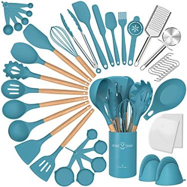 Imagem de Conjunto de utensílios de cozinha de silicone, 34 peças antiaderentes resistentes ao calor, conjunto de espátulas com cabo de madeira para assar, cozinhar e misturar, melhores utensílios de cozinha com suporte (azul escuro)