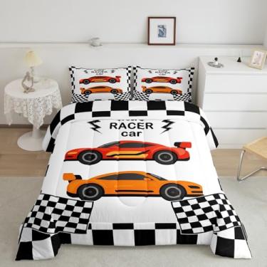 Imagem de jejeloiu Jogo de cama casal com desenho animado de carro de corrida preto e branco para crianças, vermelho, laranja, conjunto de edredom fofo, 3 peças
