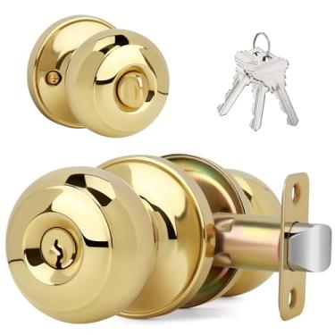 Imagem de LOQRON Maçaneta de porta esférica plana com chaves e trava, maçaneta redonda de entrada com chave para portas dianteiras/de entrada, acabamento em latão polido