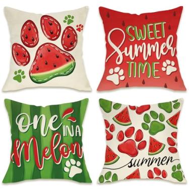 Imagem de Fahrendom Sweet Summer Time Capas de almofada decorativas melancia 45,7 x 45,7 cm conjunto de 4, estampa de pata de cachorro vermelho verde e gato varanda pátio ao ar livre, capa de almofada de sofá