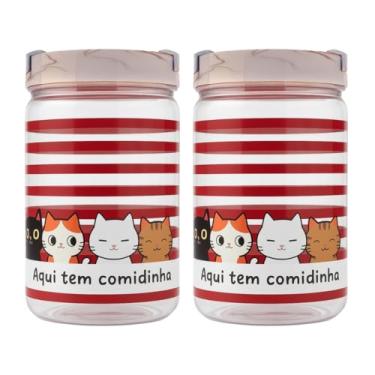 Imagem de Kit 2 Potes Porta Ração Comedouro Petiscos 1,9 Litros Cachorro Gato Multiuso Tampa De Rosca Com Alça (Cat Marmorizado)