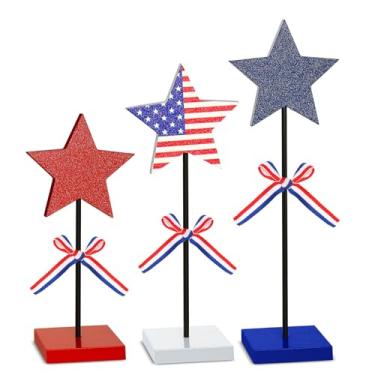 Imagem de Jansun 3 peças 4 de julho bandeja em camadas decoração de mesa conjunto de estrelas de madeira, blocos de madeira patriótica vermelha, branca e azul, decoração de mesa, centro de mesa rústico do Dia