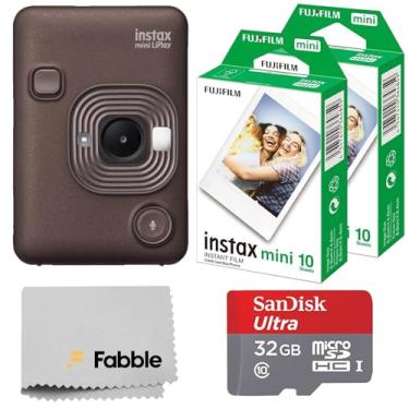 Imagem de Fujifilm Pacote de câmera instantânea INSTAX Mini LiPlay híbrida com 20 folhas de filme INSTAX, cartão microSD de 32 GB, cabo de carregamento USB, alça de mão, pano de limpeza (bronze profundo)