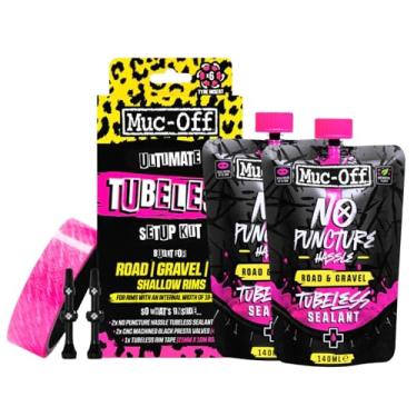 Imagem de Muc Off Kit de configuração sem câmara de ar para bicicletas sem câmara de ar, estrada/cascalho/CX 44 mm – Inclui fita de aro, retalhos de vedação, válvulas sem câmara de ar e selante de pneus