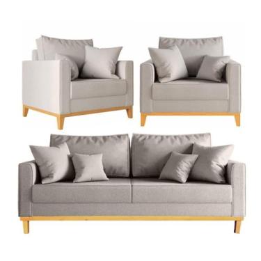 Imagem de Kit Sofá Beny 180cm + 2 Poltronas Base de Madeira Linho - Topazio Deco