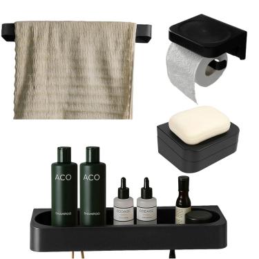 Imagem de Kit Banheiro 4pç Saboneteira + Papeleira + Porta Shampoo + Toalheiro Com Adesivo Preto...