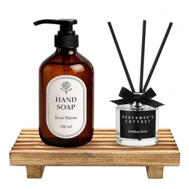 Imagem de Pedestal de madeira pequeno para bandeja de banheiro, bancada de cozinha, acessórios de pia de banheiro, peças de elevação decorativas de madeira para cozinha, sabonete, vaidade, decoração de banheiro