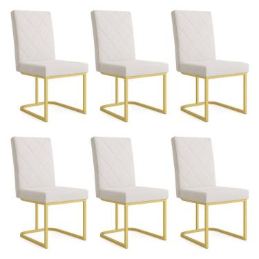 Imagem de Kit 06 Cadeiras de Jantar Estofada Siena Linho Base de Ferro Dourada - Pallazio