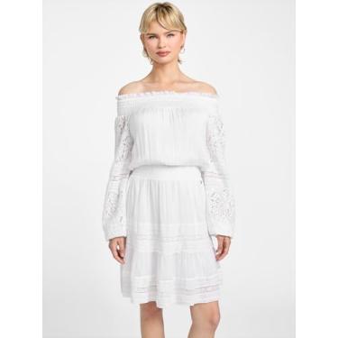 Imagem de GUESS Minivestido feminino Audrey com ombros de fora, Branco puro, PP