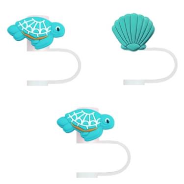Imagem de STRACOUPI Tampa de palha de silicone com tartaruga azul-petróleo e concha para copos Stanley, acessório decorativo reutilizável, pacote com 3