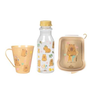 Imagem de Kit Infantil 3 Peças Hora Do Lanche Garrafinha De Água 500ml Sanduicheira E Caneca (Capivara)