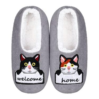 Imagem de ZYZX Chinelo de gato para mulheres, aconchegante, macio, quente, engraçado, fofo, antiderrapante, forro de lã de ovelha, meias felpudas para uso interno com pegas, chinelos para presentes, Cinza 060