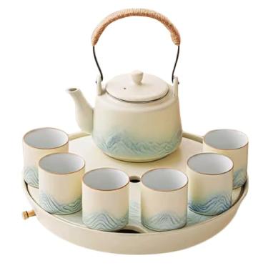 Imagem de Conjunto de bule de chá portátil bege conjunto de chá Kung Fu com bandeja de drenagem, 1 pote de 6 xícaras, conjunto de máquina de chá para casa, escritório, festa, conjunto de chá portátil