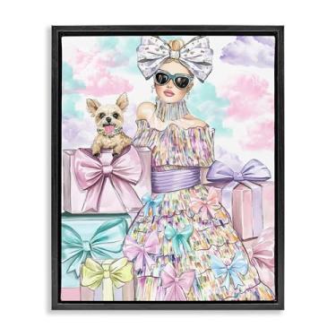 Imagem de Stupell Industries Design de arte de parede em tela flutuante com moldura preta para mulheres e filhotes de fita fashion por Jess Stempel, 78 x 63 cm