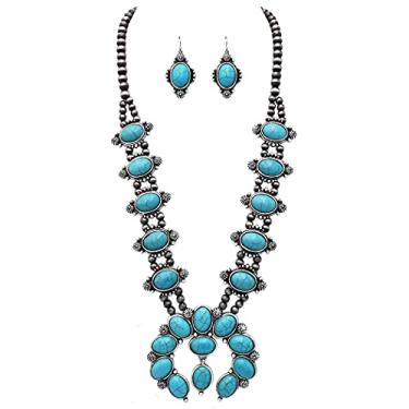 Imagem de Rosemarie & Jubalee Lindo conjunto de brincos de colar de flor de abóbora Howlite natural ocidental, 68,5 a 76,2 cm com extensão de 7,6 cm Azul