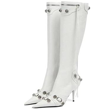 Imagem de Oiamenne Botas de cano alto femininas modernas com zíper, bico fino, salto alto, rebites, borla, sapatos de festa, Branco, 37