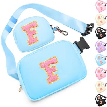 Imagem de Presentes de aniversário para meninas de 4, 5, 6, 7, 8, 9, 10, 11, 12 e 13 anos, pochete com aplique de letra inicial para mulheres, meninas e adolescentes, Azul, Medium, F