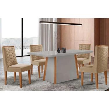 Imagem de Conjunto Sala de Jantar Tilia c/ Tampo Madeirado c/ Vidro Canto Curvo 120x80cm e 4 Cadeiras Dafne Madeira Maciça Naturale/Off White - Capuccino/Linho 