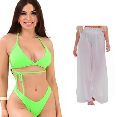 Imagem de Biquini + Saída De Praia Calça Tule Moda Praia Kit Conjunto - Look Dre