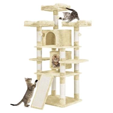 Imagem de Árvore interna para gatos de 167 cm/prateleira de escalada para gatos grandes/torre com condomínio/poleiro de pelúcia aconchegante/canto para gatos escalando árvore/poste arranhador de sisal e rede