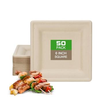 Imagem de BangShou Pacote com 50 pratos de papel descartáveis 100% compostáveis, 15 cm, quadrados biodegradados, pratos quadrados para aperitivo de papel, pratos de jantar resistentes para festa, churrasco
