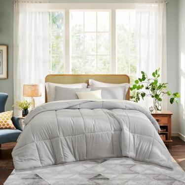 Imagem de REYOS Conjunto de edredom cinza claro para quarto, dormitório, 3 peças, quente, leve, acolchoado para dormir frio, conjunto de cama xadrez comum, tamanho casal