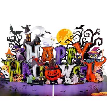 Imagem de PQ Bees Cartões de texto feliz de Halloween, cartão pop-up de Halloween, cartão de felicitações sagrado com envelopes para ela, ele, marido, esposa, filha, irmã, pai, mãe, família, amigos (Texto oi)