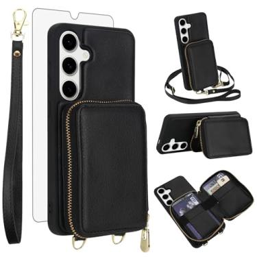 Imagem de Capa de celular para Samsung Galaxy S24 FE 5G carteira celular com protetor de tela de vidro temperado alça transversal para pulso suporte de cordão com bloqueio RFID S 24 EF S24FE 24S mulheres