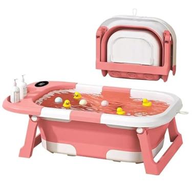 Imagem de Banheira Bebê Dobrável Rosa com Termômetro Digital, Portátil e Compacta para Viagem e Apartamento