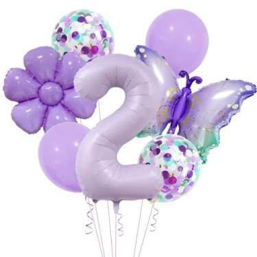 Imagem de Decorações roxas de 2º aniversário para meninas, conjunto de balões número 2 roxo cremoso, 101,6 cm, suprimentos de decoração de festa de borboleta de 2 anos (roxo 2)