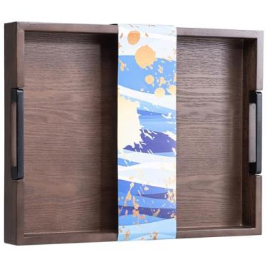 Imagem de Bandeja grande retangular para sala de estar, bandejas de mesa de café marrom de madeira maciça 43 x 33 cm, bandeja de servir de madeira de acácia decorativa com alças para café da manhã na cama